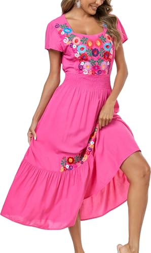 Image of Women's Summer Maxi Dress Casual Floral Embroidered Round Neck Short Sleeve Ruffle Tiered Dress Flowy Boho Beach Sundress