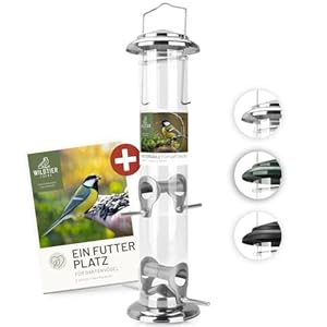 Körner Futtersäule, Vogelfutterspender 38cm, Silber – aus rostfreiem Edelstahl I Vogel-Futterstation, Vogelfutter-Säule, Wildvögel Futtersilo I Ganzjährige Vogelfütterung