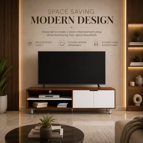 Image of GRATUS Duston Engineered Wood Wall Mount TV Stand | Modern Entertainment Unit with Set Top Box Shelf | Dual Tone Walnut & White | Easy DIY Setup