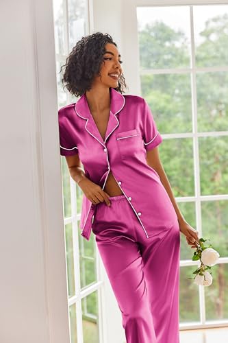 Image of Ekouaer 2 Piece Satin Short Sleeve Pajamas Set Button Down Sleepwear | Soft Pjs Set Classic Loungewear for Wedding, Party, Home, Daily Wear, Date Nights