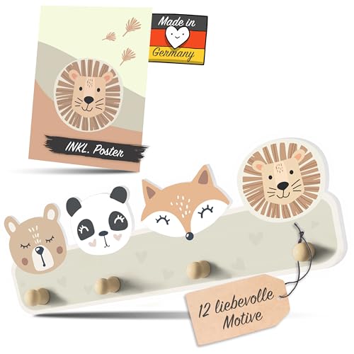 Kindsblick® Tierträume Kindergarderobe in Naturfarben inkl. A4 Poster - Garderobe Kinder Edition mit 4 Haken - Wunderschöne Kinder Garderoben Deko - Kinder Garderobe Maße (38 x 15 x 5 cm)