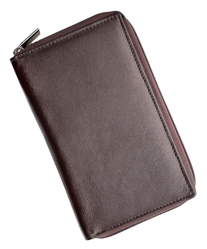 RFID Premium Soft Cow Leather Long Bifold Zip around Credit Card ID Holder Travel Organizer (Brown)