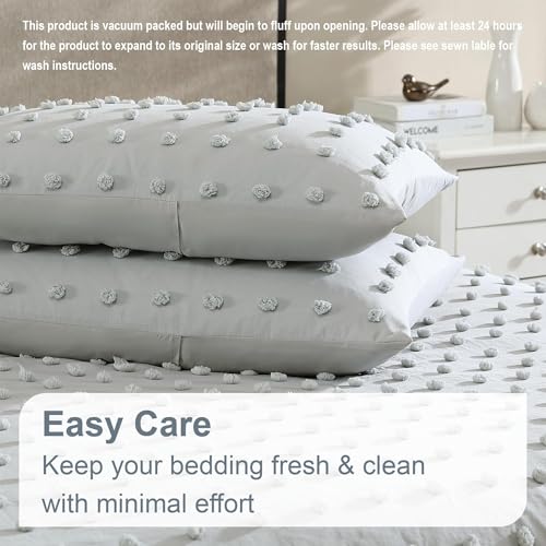 Image of Swift Home Full /Queen Gray Comforter Set - Decorative Tufted Pom Poms Bedding Set - 3 Pieces Bed Linen, 1 Comforter and 2 Pillow Shams