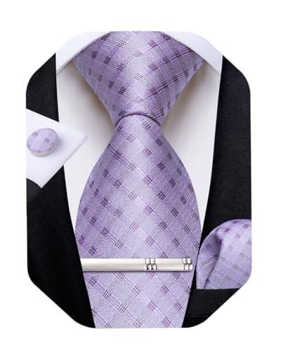 Image of DiBanGu Plaid Ties for Men Silk Checkered Necktie and Pocket Square Cufflinks Tie Clip Set with Gift Box for Wedding Business