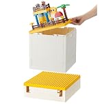 SHIMOYAMA Collapsible Storage Box with Baseplate Lid for Duplo, 25L Stackable Bin with Separate Building Board for Lego, 26 Qt. Folding Container for Lego Duplo Mega Bloks Storage (Yellow)