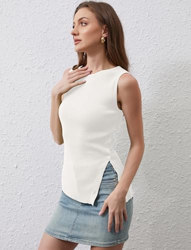 Image of Women Asymmetrical Button Sweater Vest Sleeveless Side Split Rib Knit Slim Fit Sweater Tank Top Summer Pullover Top