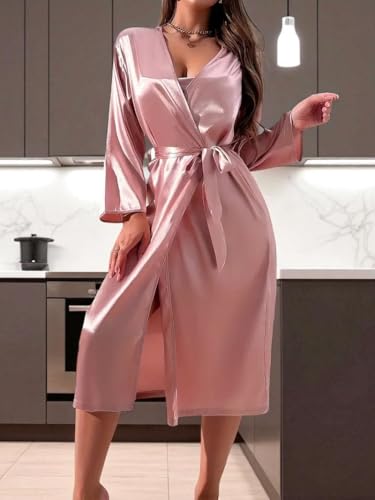 Image of Embrace Silky Robe Set Pink Bathrobe For Women's Ultra-Soft & Lightweight After Bath Spa Bathrobe | Highly Absorbent