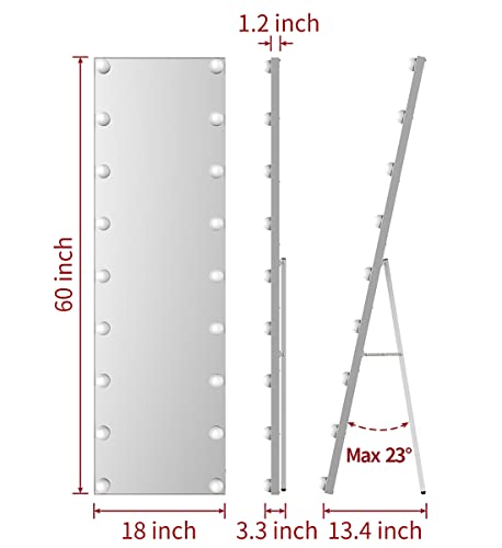 Mirror Full Length,60" X 18" Full Length Mirror With Lights,Full Body Mirror With Lights,Standing Mirror Full Length,Large Floor Mirror Wall Mounted Mirror With Dimming 18 Lights For Bedroom（Silver) #TOP6
