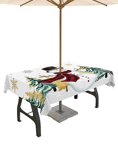 Homechoid Christmas Outdoor Tablecloths with Umbrella Hole and Zipper,Snowman Golden Grey Snowflake Pine Tree Waterproof/Stain Resistant Rectangle Table Cloth 52x70 Patio Table Cover for Picnic/Party
