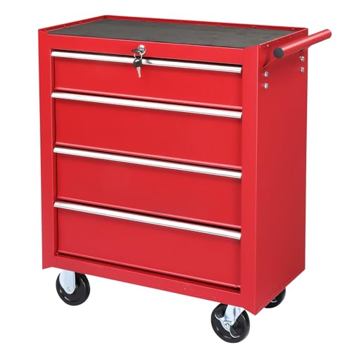 Pinikuyiro 4-Drawer Rolling Tool Chest w/Lock & Key, Tool Storage Cabinet with Wheels, Top Cushion & Drawer Liners, Tool Organizer Box for Garage, Warehouse & Repair Shop, Red