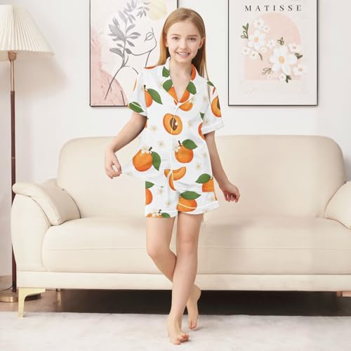 Satin Pajama Sets Short Sleeve Apricot Pattern with Flowers Button Down Silky Nightwear 2 Piece PJS 5-14Y3