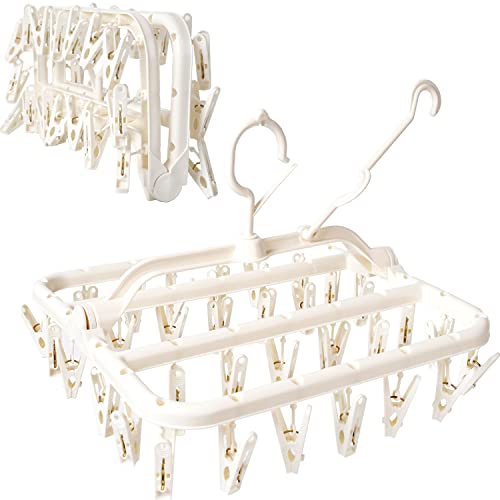 Image of Foshine Foldable Clothes Drying Rack with 32 Drying Clips Wind-Proof Hook Underwear Hanger Plastic Laundry Clip for Socks Bras (White)