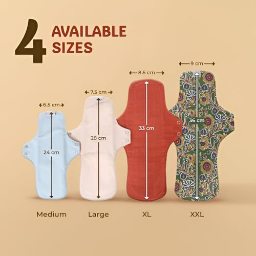 Image of Avni Lush Reusable Cloth Sanitary Pads for Women | 3R + 1L pad | Day & Night Cycle Pack | Superabsorbent Heavy Flow Sanitary Pads | Organic Cotton Sanitary Pad | Antimicrobial Laboratory Tested, Chemical-Free | Patented Design | Lasts 3 years | Full cycle pack of 4 with Cloth Storage Pouch | 240 + 280 mm