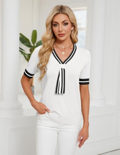 Image of Womens Knit Top Short Sleeve Sweater Work Summer Tops Cute Business Blouse | Lightweight Cute Bow Tie Sweater 2026 Chic V Neck Business Casual Outfits Tops