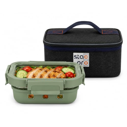Image of 640ml Lunch Box with Insulated Lunch Bag | Leakproof Food Container Set Airtight Locking Lid | BPA Free Reusable Bento Box for Office, School, College & Travel (Forest Green)