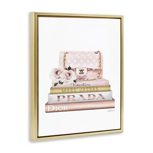 Image of Stupell Industries 'Pink Purse Gold Bookstack'| Floating Frame Canvas Art | Stupell Industries | Gold, 17 x 21 Inches, Easy to Hang and Sturdy, Made in USA, by Amanda Greenwood