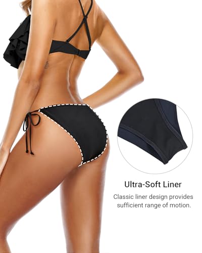 Model wearing low rise bikini bottoms.