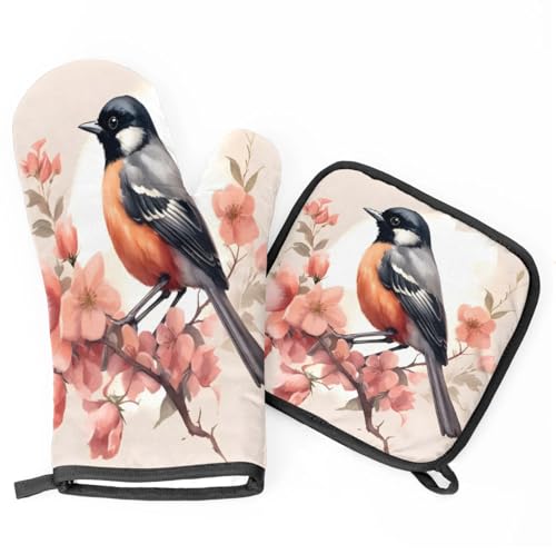Bird Flowers Oven Mitts Kitchen Oven Gloves for Cooking Baking Heat Proof Lining Cotton Kitchen Potholder Mittens Pot Holders Hot Pads for Chef Women Men