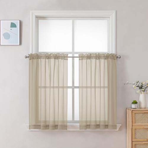Image of Chyhomenyc Taupe Sheer Curtains 30 inch Length 2 Panels, Light Filtering Voile Rod Pocket Short Window Curtians for Bathroom Living Room Farmhouse Small Windows, 42Wx30L inches