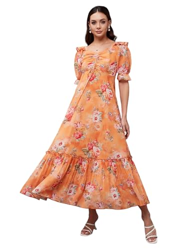 Image of Miss Chase Women's Multicolored-Base-Brown Relaxed Fit Maxi Lurex Chiffon Dress