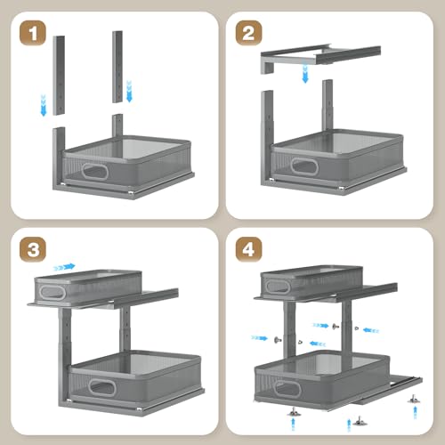 Image of 2 Pack 15.5IN-Depth Under Sink Organizer With Next-Gen Ball-Bearing Slides,2-Tier Precision Mesh Pull Out Cabinet Storage for Bathroom&Kitchen,Height Adjustable Drawers Shelf,Anti-rust-Grey