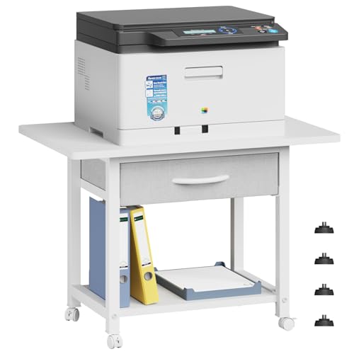 Image of YAOHUOO 22 inchx15 inch Large Printer Stand with Drawer, 2-Tier Rolling Table Cart | Under Desk Printer Table,Storage Fabric Drawer,Fit printer /fax /3d /scanner,4 Lock Wheels or Feet,For Home Office Dorms,White