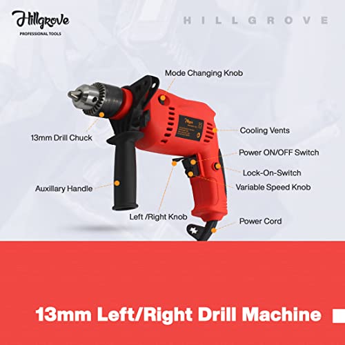 Image of Hillgrove HGPD1M2 All Purpose 700W Drill Machine with 5 Drill Bits for Making Holes in Metal /Wood /Concrete with Reverse Rotaion and Variable Speed Pistol Grip Drill (13 mm Chuck Size)