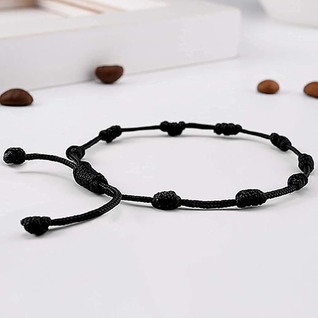 Image of Black Beauty Nazar Dhaga Bracelet With Knotted Beads Rosary Design Avoid Negetive Enegy Adjustable Black Thread Anklet For Evil Eye & Good Luck, Amulet for Success & Prosperity for Men, Women, Girls & Boys