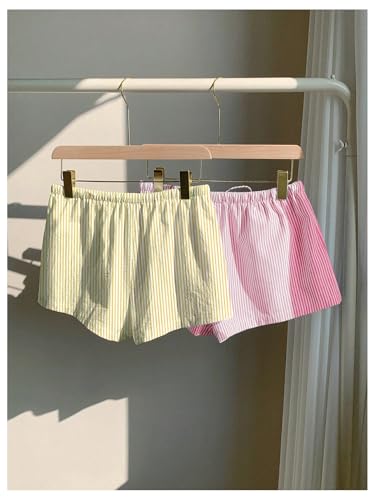 Image of MakeMeChic Women's 2 Pack Linen Shorts Striped Gingham Boxer Shorts | Summer, Beach Shorts, Cover Up, Pajama, Lounge