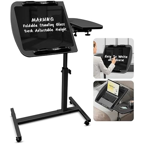 MAKUANG Rolling Laptop Desk Adjustable Height with Writing Glass, Over Bed Table with 2 Tilting Desktops and Wheels, Small Portable Laptop Stand Overbed Bedside Table for Couch, Black Cover