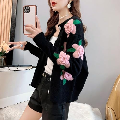Image of FindThy Women's Kawaii 3D Floral Cardigan Long Sleeve Crewneck Knit Cardigan Sweaters
