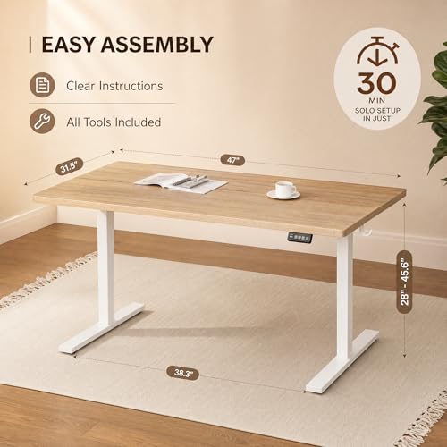 Image of Grandder 47x32 Large Electric Standing Desk, Height Adjustable Computer Desk with 2 Memory Presets, 31.5 inch Deep Desktop Sit Stand Desk Home Office Desk Workstation Table with Hooks, Maple
