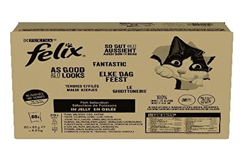 FELIX Le Ghiottonerie Alimento Umido per Gatti Selezioni con Pesce Maxi Confezione, 80 Bustine Facili da Servire, Teneri Bocconcini in Gelatina, 4 Gusti Deliziosi, Nutrizione Completa