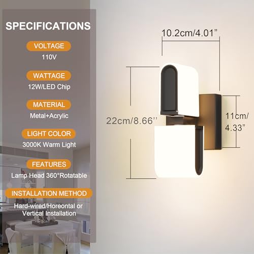Image of LED Indoor Wall Sconce - Modern Interior 12W 3000K Adjustable Wall Mounted Light Fixtures, Acrylic Glass Wall Lights for Stairway, Interior LED Wall Light for Hallway, Black,Not Dimmable
