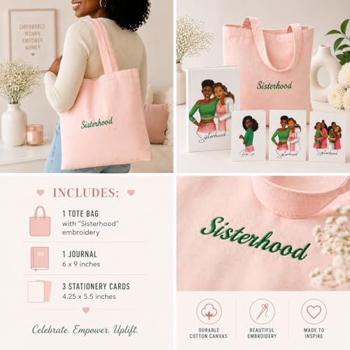 Image of Sisterhood Tote Bag, Journal and Stationery Gift Set, 6x9 inch Lined Journal, 3 Greeting Cards, Embroidered Canvas Tote, Gift Pack for Friends and Sisters (Pink+Green)