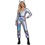 Conjunto alienígena para mujer, combinación alienígena brillante, combinación de tejido brillante brillante brillante con motivos espaciales y corte ajustado bodys capa festivo versátil para carnaval