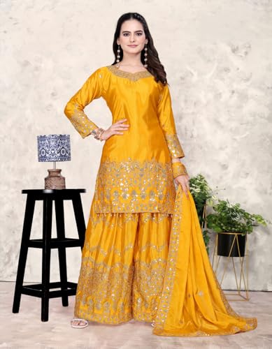 Image of Anvri Textiles Yellow Embroidered Kurta Sharara Set for Women - V-Neck, 3 /4th Sleeves, Knee-Length Kurta with Matching Dupatta - Festive & Haldi Perfect