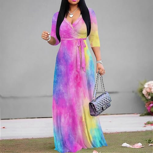 Image of PinkPatty Women's Print Maxi Dresses 3 /4 Sleeve Flowy Long Dress V Neck Wrap Tie Waist Sundress