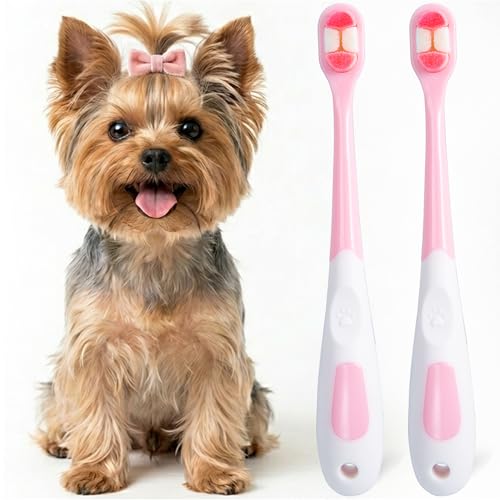 Image of Small Dog Toothbrush, Puppy & Cat Tooth Brushing Kit, Ultra Soft & Head Teeth Brush for Kitten & Tiny to Medium Pet, Doggy Toothbrushes Deep Dental Clean, 2 PCS, Pink