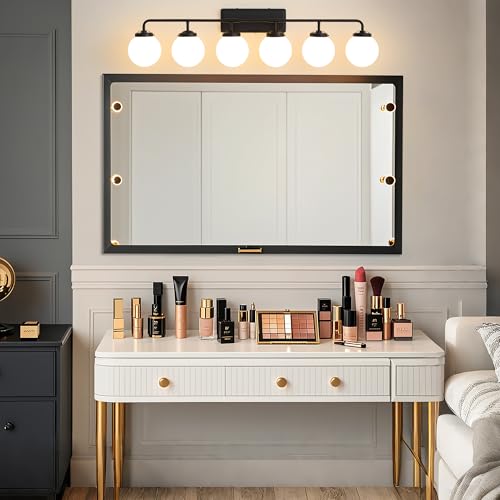 Image of Bathroom Light Fixtures 45.3in 6-Light Matte Black Vanity Lights for Mirror | Bathroom Lighting Fixtures over Mirror, ETL, Brushed Brass Wall Sconce, Dimmable E12 Base Max 60W, Milky Glass Ball Shades