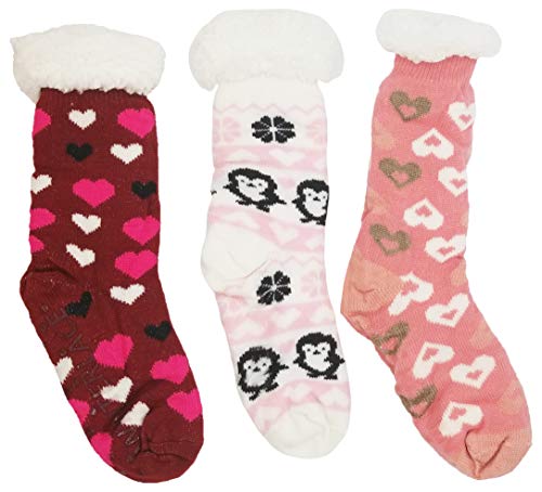 Sherpa Lined Slipper Socks, 3 Pairs For Women, Fluffy Christmas Winter Patterned With Gripper Bottoms, Warm Soft (Hearts) #TOP5