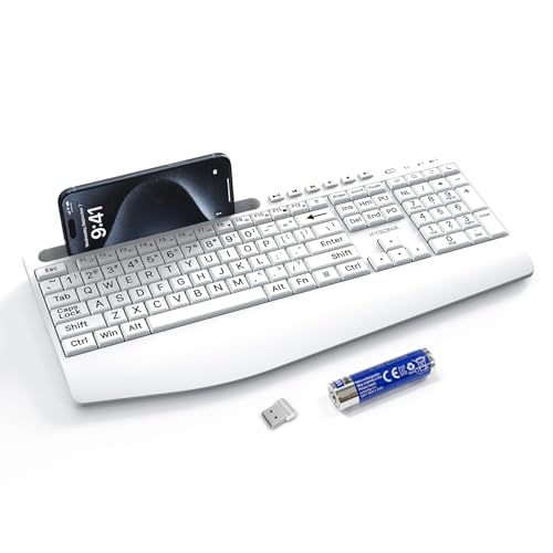 KYSONA Large Print Wireless Keyboard Full Size Cordless Computer Keyboard with Phone Holder Palm Rest Ergonomic Tilt Angle 2.4G Plug-and-Play Compatible with Tablet/Windows/Laptop/PC White