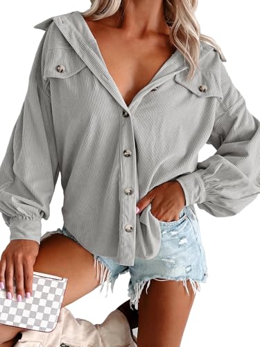 Womens Puff Long Sleeve Corduroy Jacket Casual Solid Button Coat Fall Fashion Loose Outfits Tops3