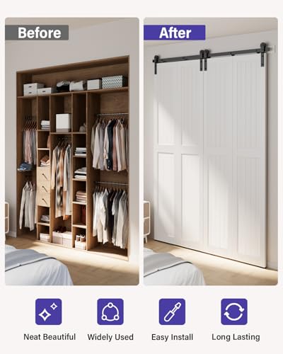 Bifold Barn Door Hardware kit: 72\" Bi Fold Sliding Barn Door Hardware Track Kit for Closet - Black I Shape Roller for Bedroom - 72\" Track for Four 17\" Interior Folding Doors