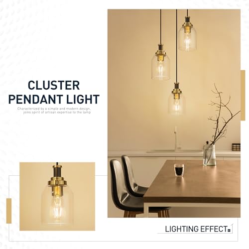 Image of zeyu 3-Light Pendant Light Fixture, Modern Cluster Pendant Lighting, Hanging Light Fixture for Kitchen Island, Clear Glass Shade, Black and Gold Finish, ZG33-3 BK+BG