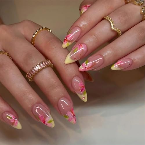 MERVF Almond Press on Nails Medium Fake Yellow French Tip Glue on...