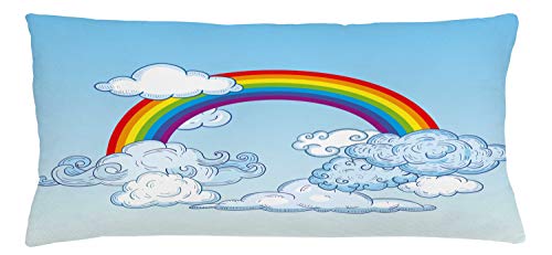 Lunarable Rainbow Throw Pillow Cushion Cover, Fluffy Clouds with Rainbow Sky Playroom Childish Babyshower Dreamy Cartoon, Decorative Rectangle Accent Pillow Case, 36