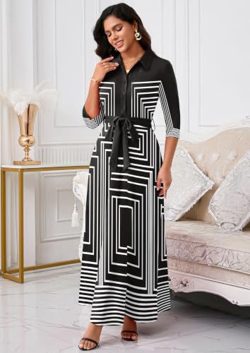 Image of Rumwind Maxi Dresses for Women, 3 /4 Sleeve Shirt Collar Casual Afircan Print Church Dress Button Down with Belt and Pockets