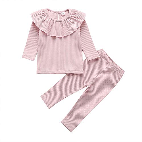 Toddler Baby Girl Solid Color Ruffle Ribbed Knitted Tops+Leggings Pants Outfits Fall Clothes (Pink, 1-2 Years)