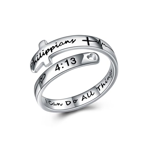 POPLYKE I Can Do All Things Cross Rings Sterling Silver Faith Adjustable Wrap Rings for Women Teens Inspirational Jewelry Gifts (2-I can do all things)